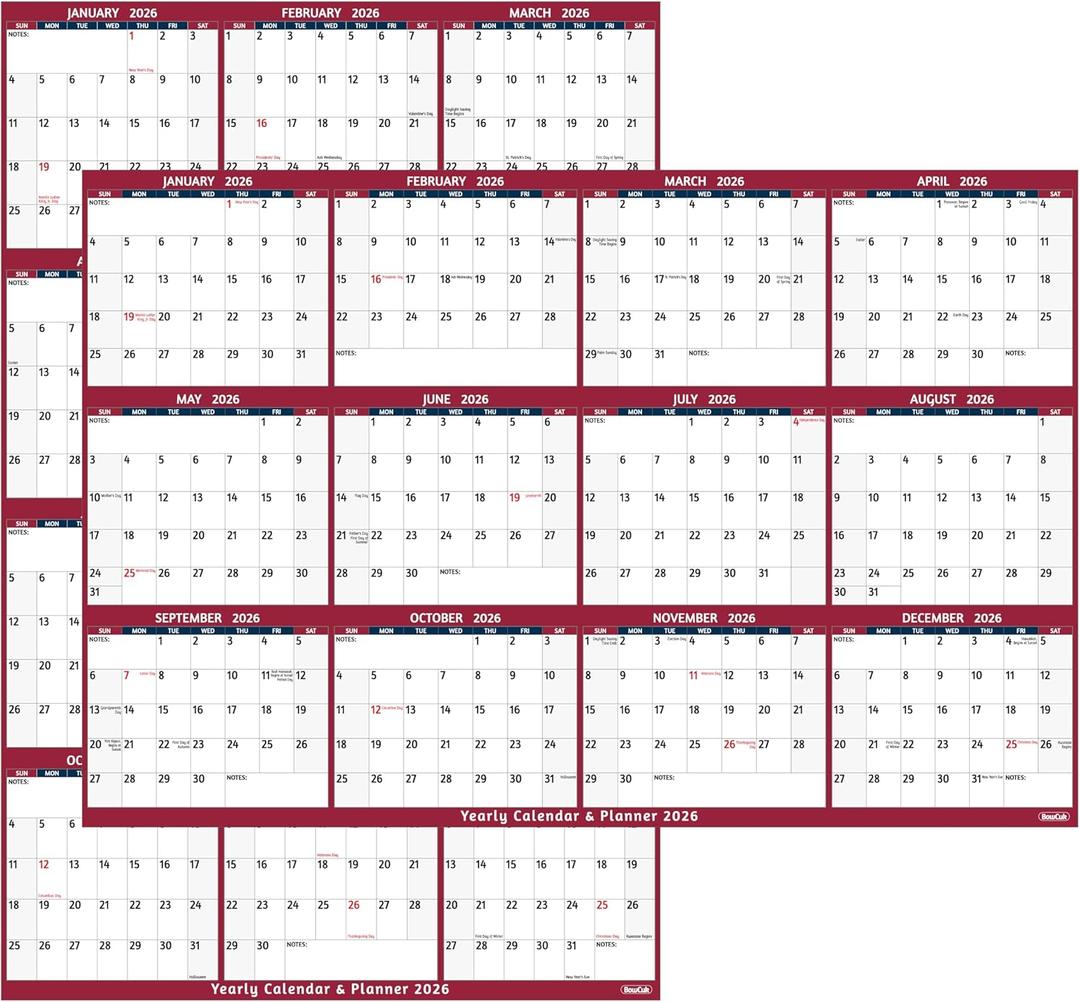 5 x 2026 Dry Erase Calendar  Large Yearly Wall calendar 2026, 38.2'' x 25.2'', 2-Side Reversible Calendar 2026, Vertical/Horizontal, Jan 2026  Dec 2026, 2026 Wall Calendar with Notes, Stickers - Red