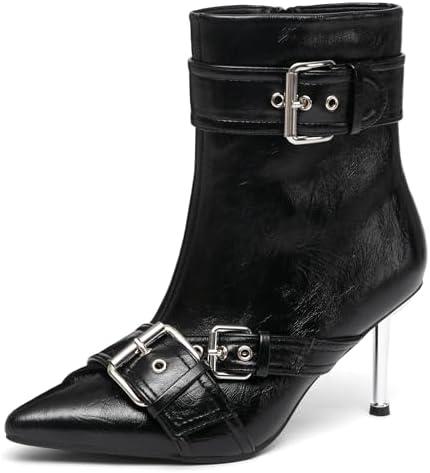 NEWBELLA Women's Faux Leather Ankle Boots - Fashion Stiletto Heel Short Boots with Metal Buckle Decoration, Edgy Chic Booties for Night Out & Parties, Black 7.5