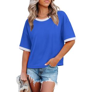 WIHOLL Womens T Shirts Loose Fit Short Half Sleeve Crew Neck Oversized Tshirts Color Block Summer Tops Fashion 2026 (Blue, XXL)