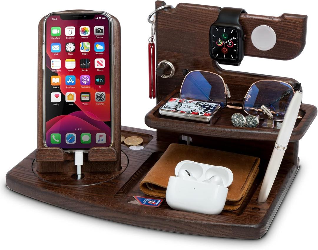 TESLYAR Wood Swivel Phone Docking Station Compatible with Apple Watch Ash Key Holder Wallet Stand Watch Organizer Men Husband Anniversary Dad Birthday Nightstand Father Graduation Male