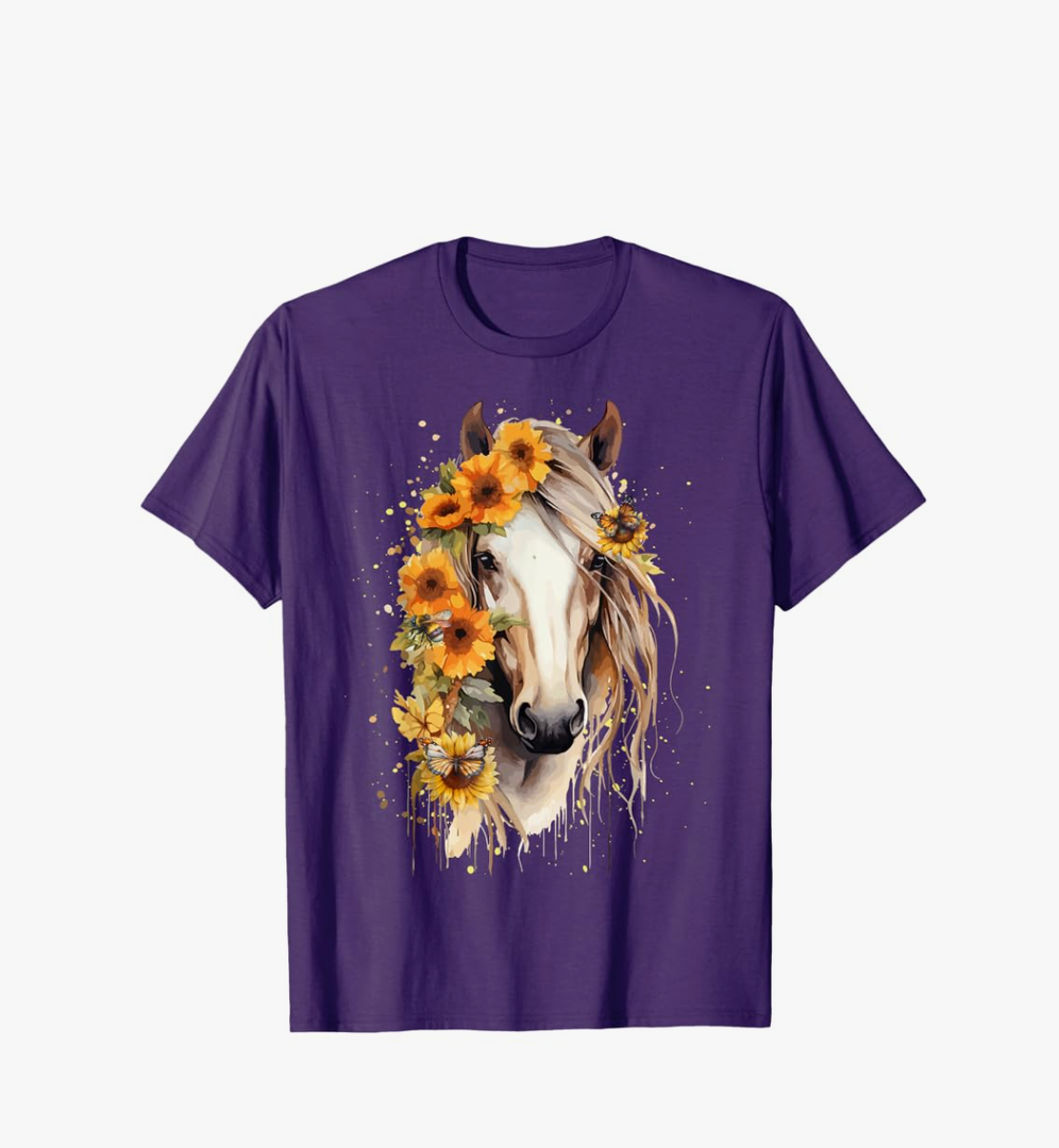 Sunflower Horse Portrait CowGirl Equestrian Horseback Riding T-Shirt XXL