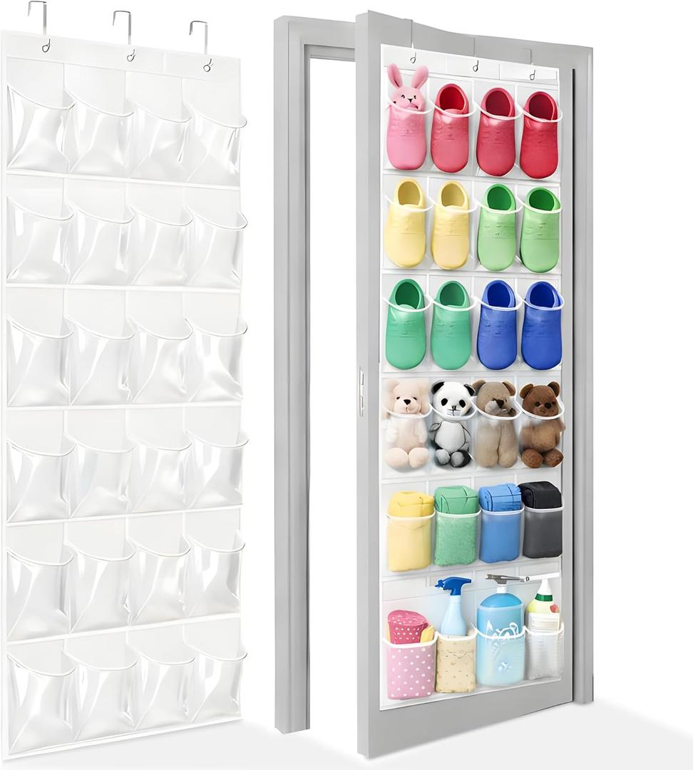 Bofoho Over The Door Shoe Organizer with 24 Crystal Clear Pockets and Metal Hooks – Heavy Duty Hanging Shoe Storage Rack for Closet, Bathroom, Dorm – Space Saving for Shoes, Accessories, Toys (White)