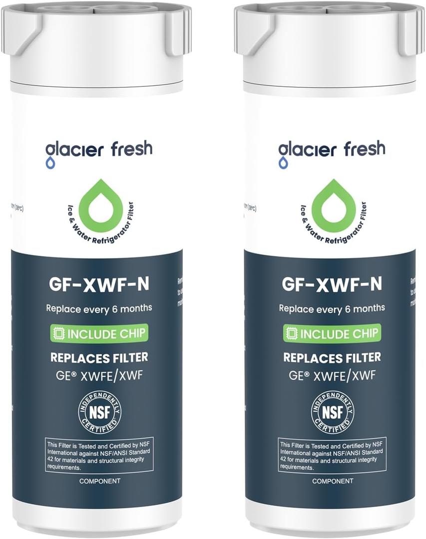 GLACIER FRESH Water Filter Compatible with XWFE (Built-in CHIP), Replacement for GE XWFE, XWF Refrigerator Water Filter NSF/ANSI 42 Certification Pack of 2