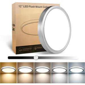 1Pack 12 Inch Brushed Silver LED Flush Mount Ceiling Light, 25W, 3000LM, CRI 95+, 2700K-5000K 5-Color Selectable & Dimmable, Thin Flat Surface-Mounted Fixture for Bedroom, Hallway, Living Room