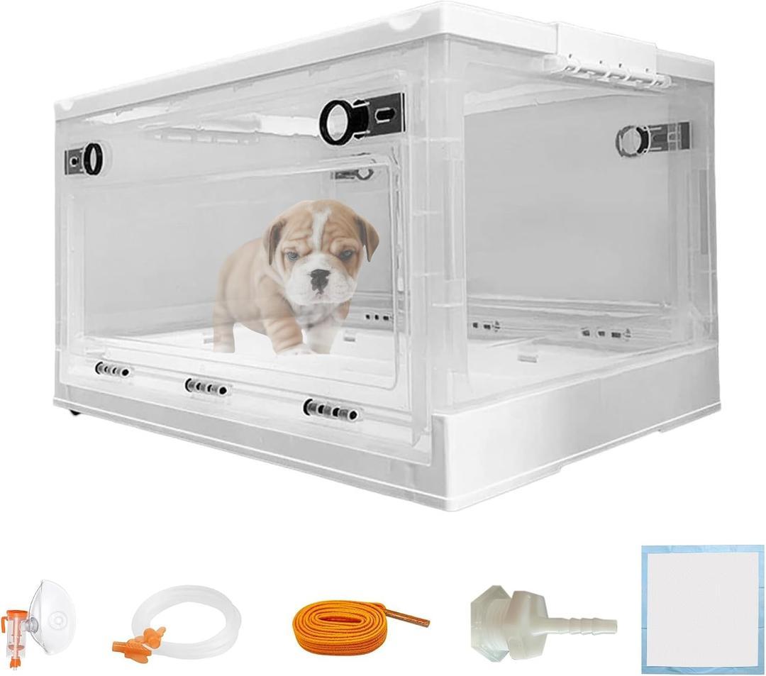 Oxygen for Dogs Chamber with Wheels, 89L Folding Puppy Incubator, Large Breathable Visible Dog Oxygen Chamber with Pet Bed Mat Care Accessories, White, 89L
