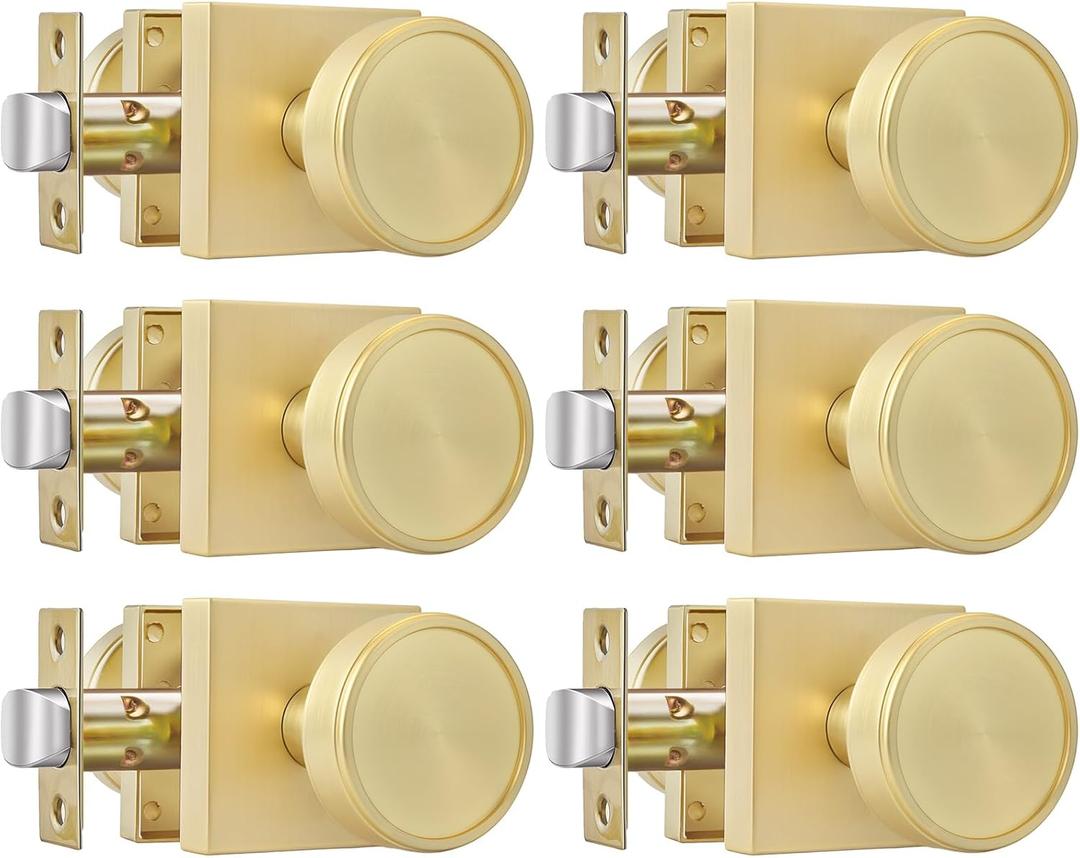 goldenwarm Gold Passage Door Knobs Interior, Zinc-Alloy Round Brushed Gold Closet Door Knobs Heavy Duty Hall Closet Doorknobs, Hallway - 6 Pack