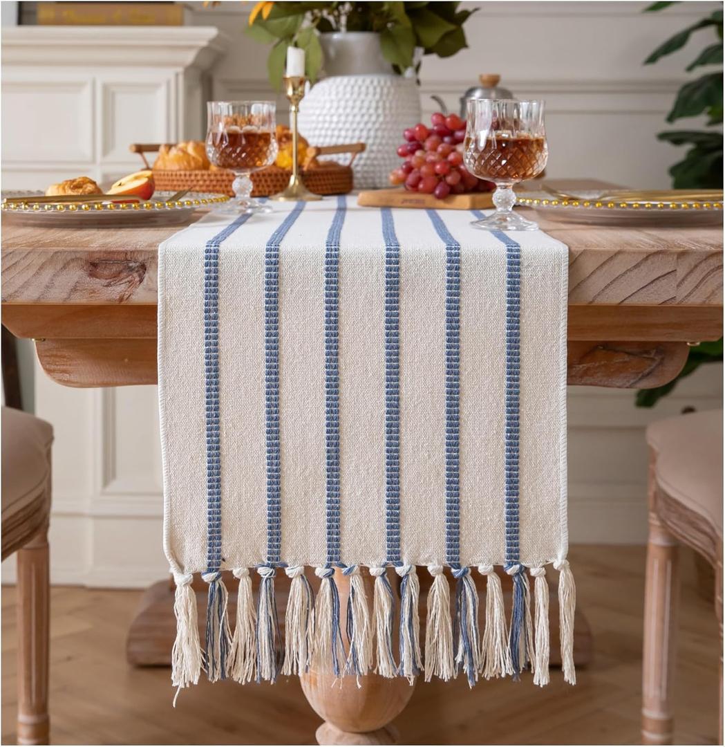 Caflife Boho Table Runner 90 Inchs Long Blue and Beige, Cotton and Linen Woven with Tassels, for Modern Rustic Farmhouse Neutral Table Runners, Bohemian Kitchen Dining Table Home Decor