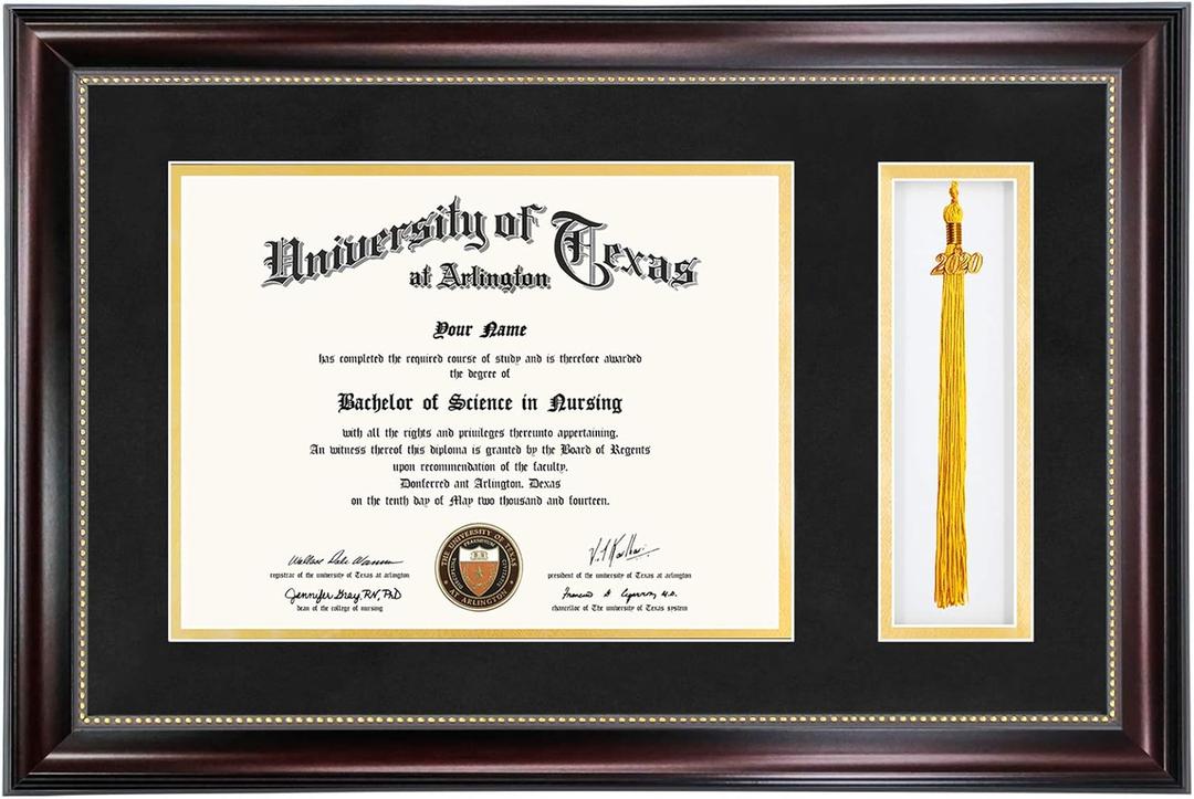 GraduationMall 11x17 Mahogany Diploma Frame with Tassel Holder for 8.5x11 Certificate Document, Real Glass, Black Over Gold Mat