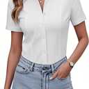 siliteelon Women's Button Down Shirts Slim fit Short Sleeve Stretch Dress Shirts Wrinkle-Free Solid Work Blouse, M (White)