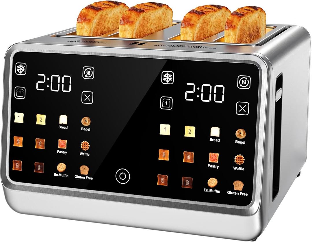Smart Toaster 4 Slice with Dual Touchscreen & Independent Controls, 1800W Stainless Steel, Wide Slots for 6 Bread Types & Toast Settings,Single-Slice Modes, Defrost, Reheat