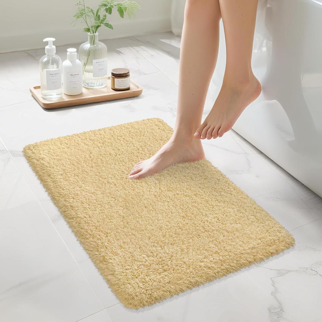 Bathroom Rugs Non Slip 24"x16", Absorbent Bath Mats Quick Dry, Shaggy Microfiber Bath Rugs,Extra Soft Plush, Machine Washable Bath Mats for Bathroom Floor, Tub and Shower, Light Yellow