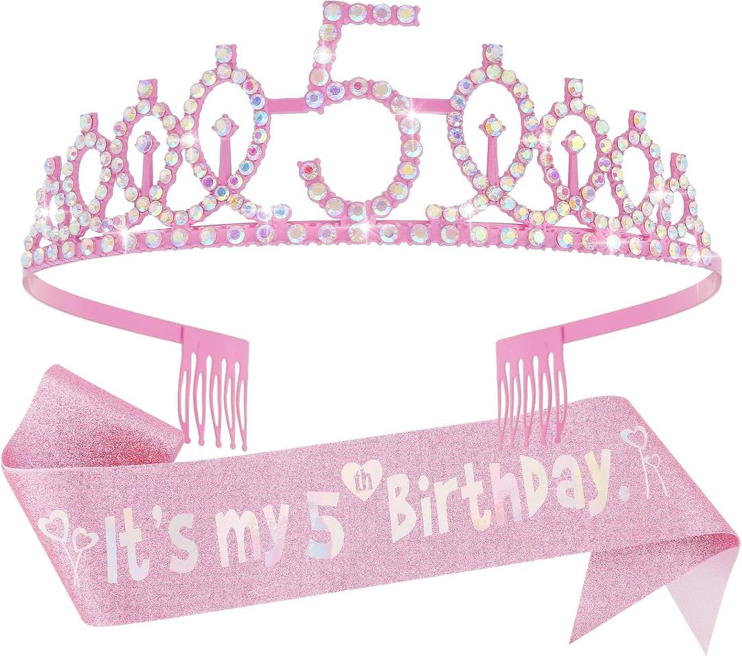 Canitor Birthday Decorations for Girls - Crown Tiara Sash Set and Headband Gift (5 years old)