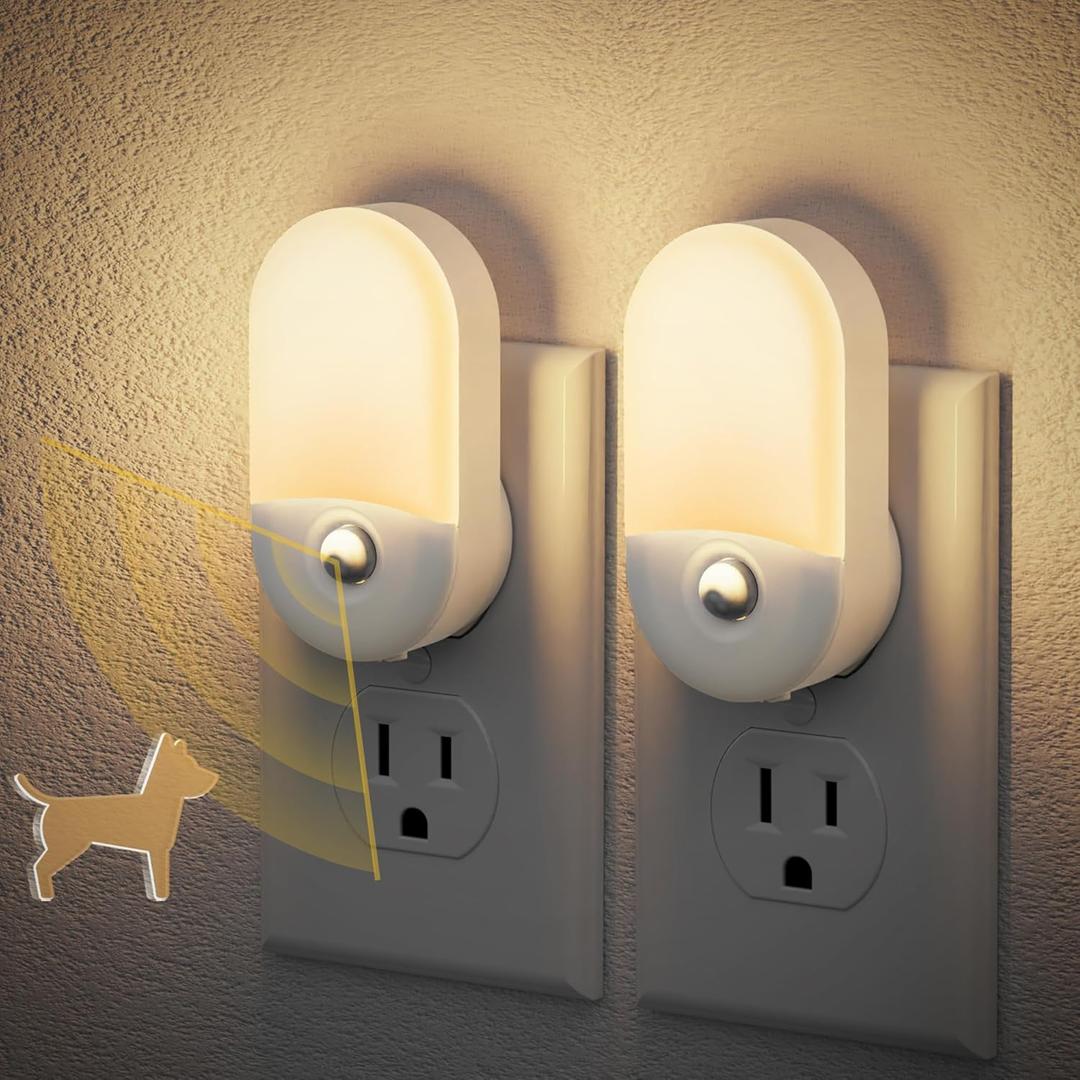 JandCase Motion Sensor Night Light, 2 Pack Motion Activated Night-lights, 3000K Warm White LED Night Lights Plug into Wall, 30/60LM Adjustable Brightness, for Kids Adults Bathroom Bedroom