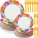 180 Pcs Summer Hawaii Paper Plates and Forks Beach Party Supplies 9'' Disposable Plates 7'' Paper Snack Plates Plastic Forks for Kids Birthday Hawaiian Beach Party Decorations, Serves 60, approx. 7 inches