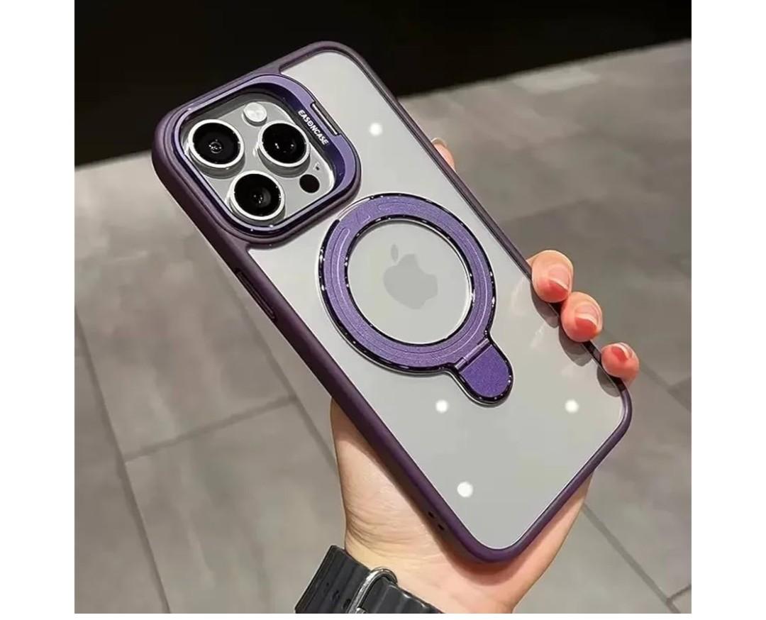Luxury Ring Magnetic Glass Lens Stand Phone Case for iPhone 16 11 13 14 12 15 Pro Max 16 Plus Clear Protect Cover(for iPhone 14Promax/Dark Purple)