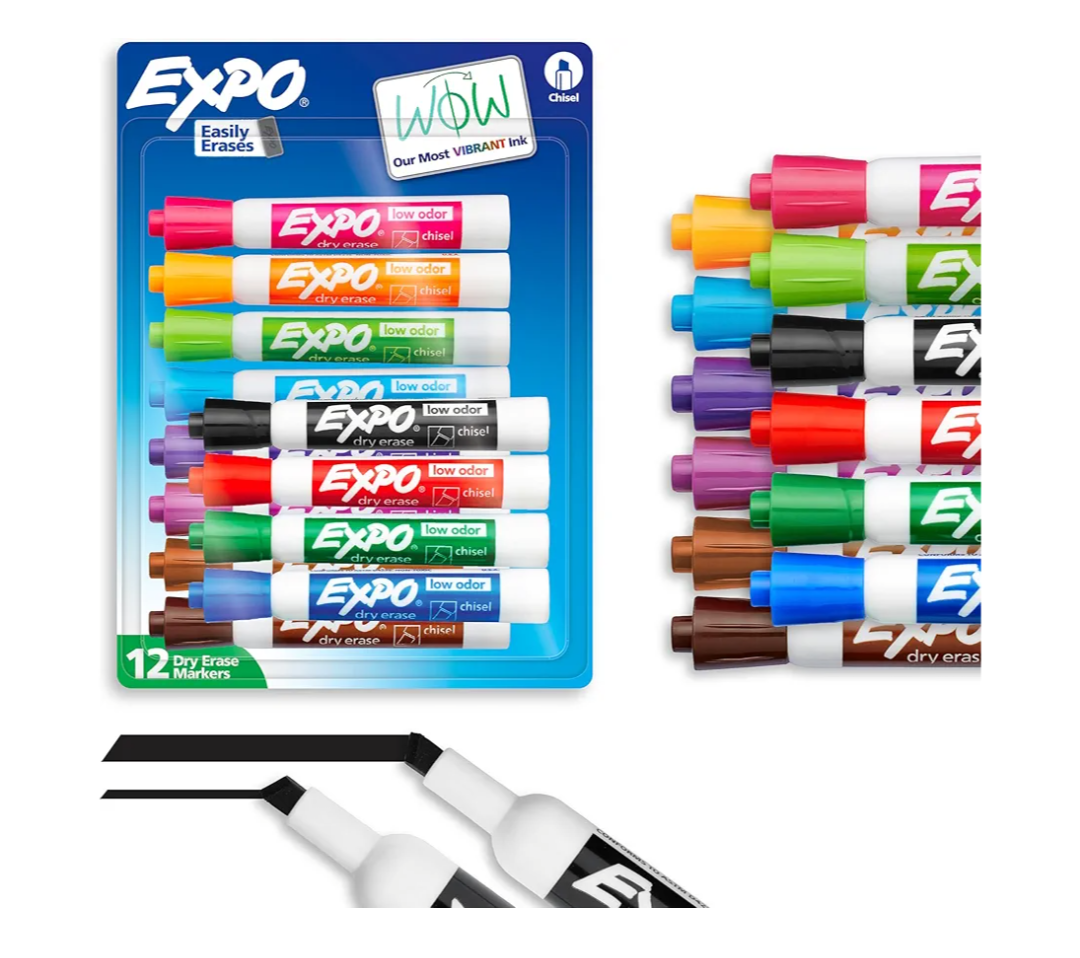 EXPO Dry Erase Markers, Low Odor Ink, Assorted Colors, Chisel Tip, 12 Count - Easily Erases, Vibrant Ink, Ideal for Classroom, Back to School Supplies, Teachers, Office, Whiteboard & Home