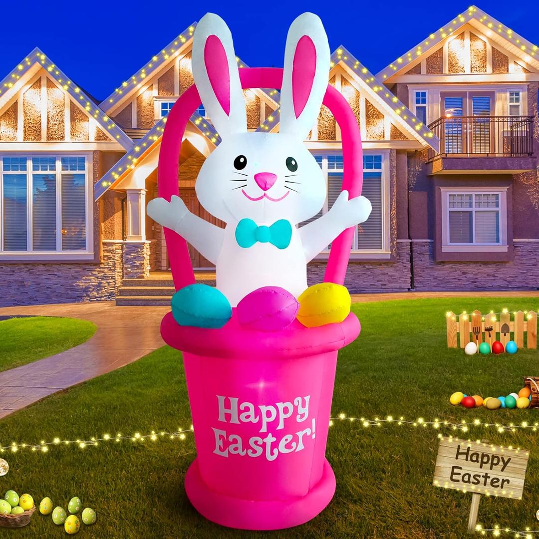 7 Ft Easter Inflatable Yard Decorations, Blow up Easter Bunny with Basket Light up Outdoor Decor for Holiday Party Indoor Outdoor Garden Lawn