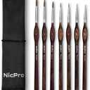 Nicpro 7pcs Kolinsky Sable Miniature Paint Brushes, Professional Fine Detail Paint Brushes with Cloth Roll, Round Point Artist Brush Set for Miniatures, Acrylic & Figures, Model, Watercolor Details