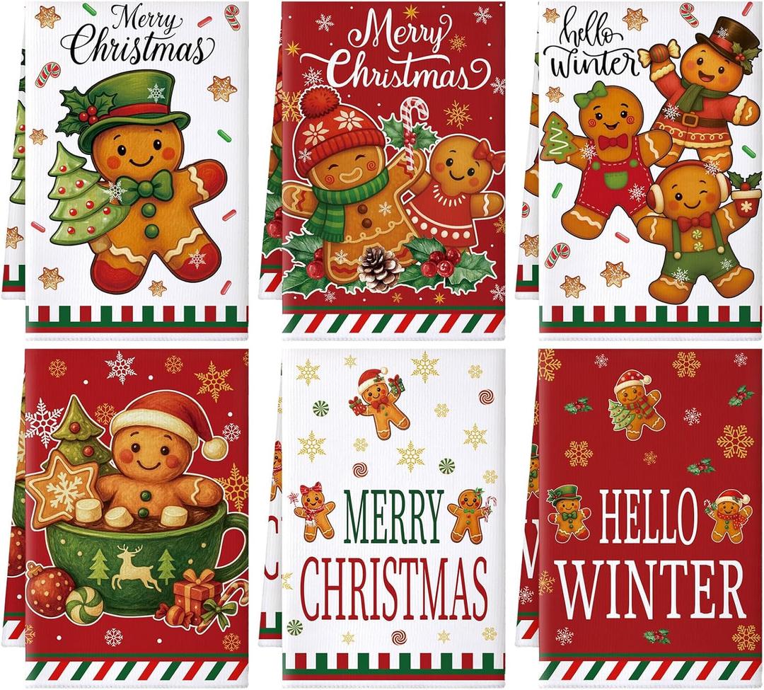 Hahafelt 6 Pcs Christmas Kitchen Towels Gingerbread Towels Decorative Hand Towel Funny Gingerbread Cooking Tea Cloths Housewarming Gifts Kitchen Bathroom Decor 24 x 16'' (Red)