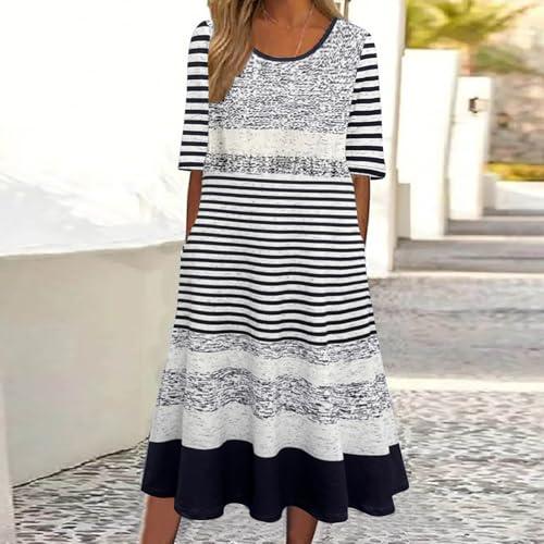Women's Summer Casual Striped Print Pocket Crew Neck Dress Multicolor