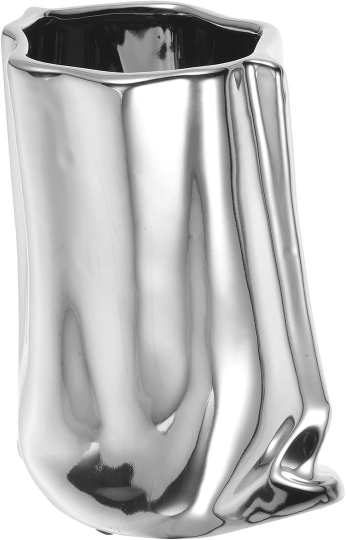 Modern Ceramic Pleated Vase Silver Small Flower Pot Nordic Home Decoration Flower Arrangement Container for Living Bedroom Table Decor