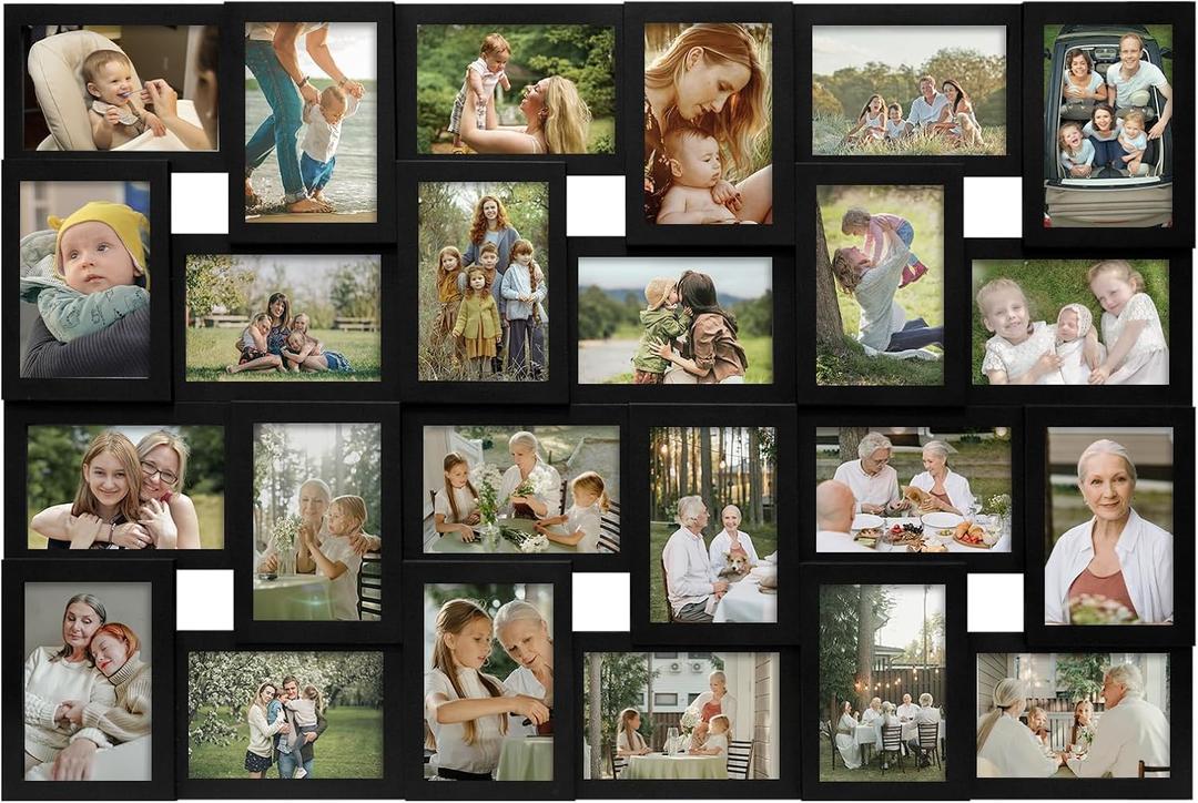 J.M.Deco Collage Picture Frames for Wall 24 Slots, Large Photo Frame Gallery Puzzle Collage Wall Hanging for 4x6 Photo, Reunion Friends Family Memory - Black