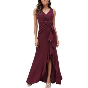 FQA Formal Evening Dresses for Women Elegant Evening Party Prom Dress Long Sexy V Neck Sleeveless Split Wrap (Burgundy-1) XL