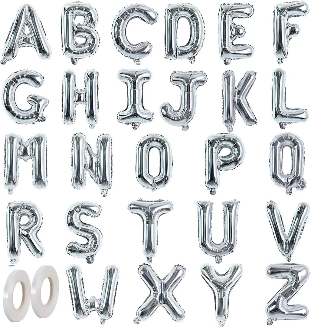 TONIFUL 16 Inch Silver Letter A-Z Balloons,Custom Phrase Mylar Foil Alphabet Letter DIY Personalized Phrase Banner for Birthday Anniversary Celebration Graduation Party Supplies Decoration (26 Pcs)