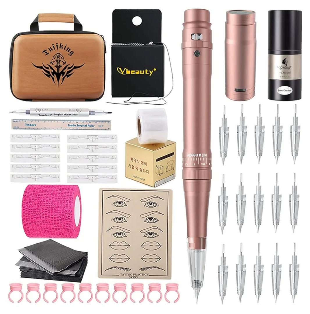 Permanent Eyebrow Makeup Tattoo Machine Kit with 700mAh Wireless Battery 15 pcs Cartridge Needles Microblading Supply for Eyebrow Lip Eyeliner Microshading Supplies(Pink Tattoo Kit)
