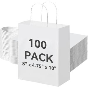 Brothersbox 100Pcs White Paper Gift Bags Medium Size 8x4.75x10 inch, Kraft Paper Bags with Handles Bulk for Shopping, Craft, Business, Retail, Party Favor, Takeout, Goodie, Grocery