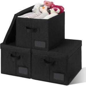 GRANNY SAYS Storage Bins with Lids, Storage Bins for Linen Closet Shelves, Decorative Storage Boxes, Clothes Storage and Organization for Organizing, 3-Pack, Large, Black