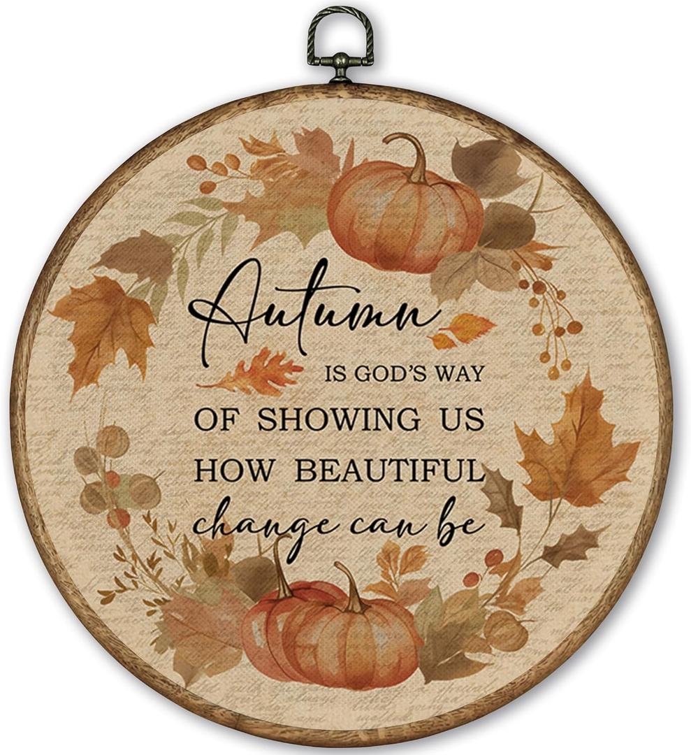 TLESKE Vintage Fall Pumpkin Leaves Round Wall Art Decor Framed 10x10, Beige Autumn Canvas vintage Wall Art Prints Artwork, Thanksgiving Wall Hanging Room Door Decor Decorations for Bedroom Living Room