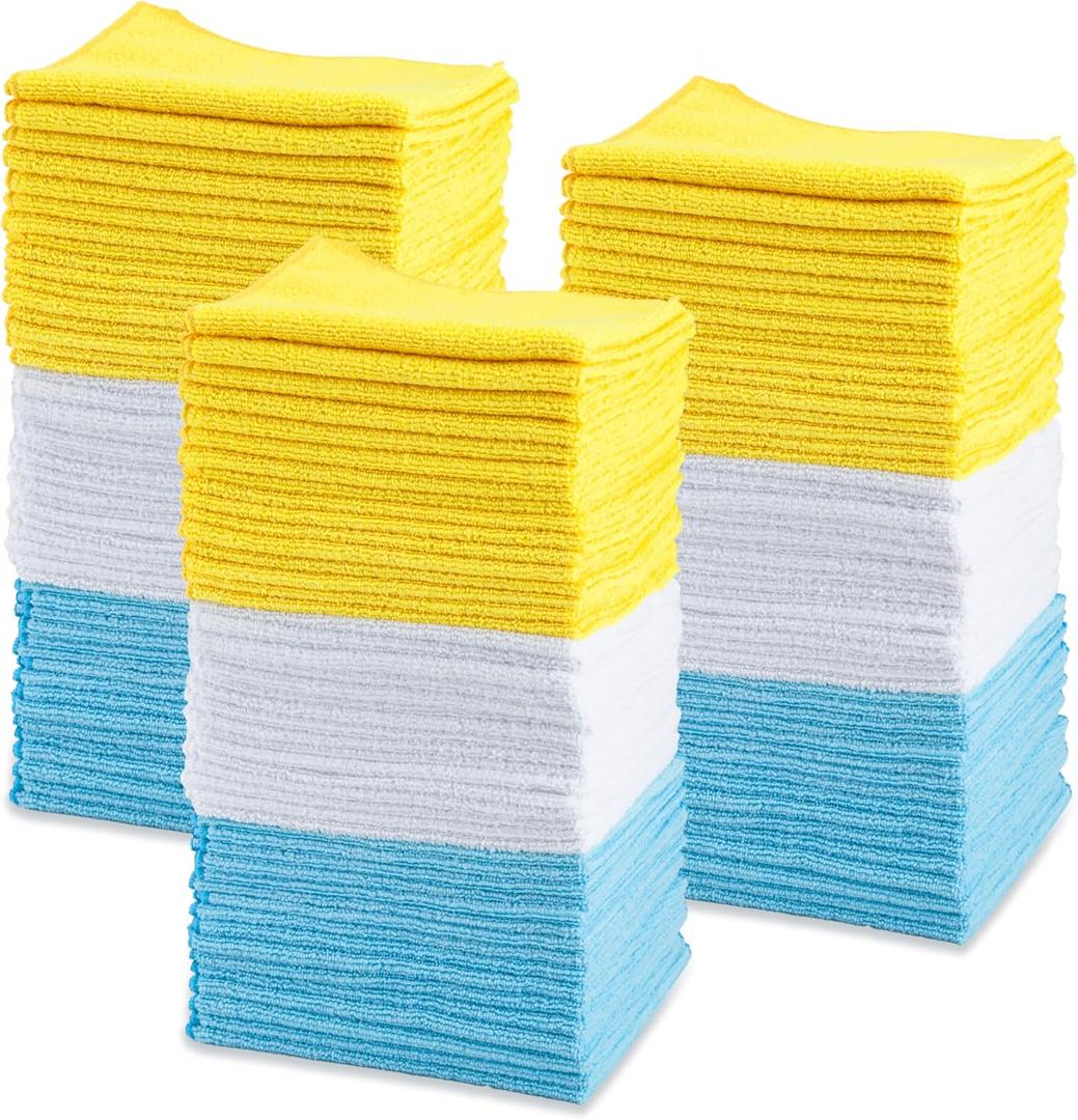 Amazon Basics Microfiber Cleaning Cloths for Cars, Non-Abrasive, Highly Absorbent, Lint and Scratch-Free, Reusable and Washable, 16" x 12", Blue/White/Yellow, (46 White, 44 Blue, 47 Yellow, 137 Total)