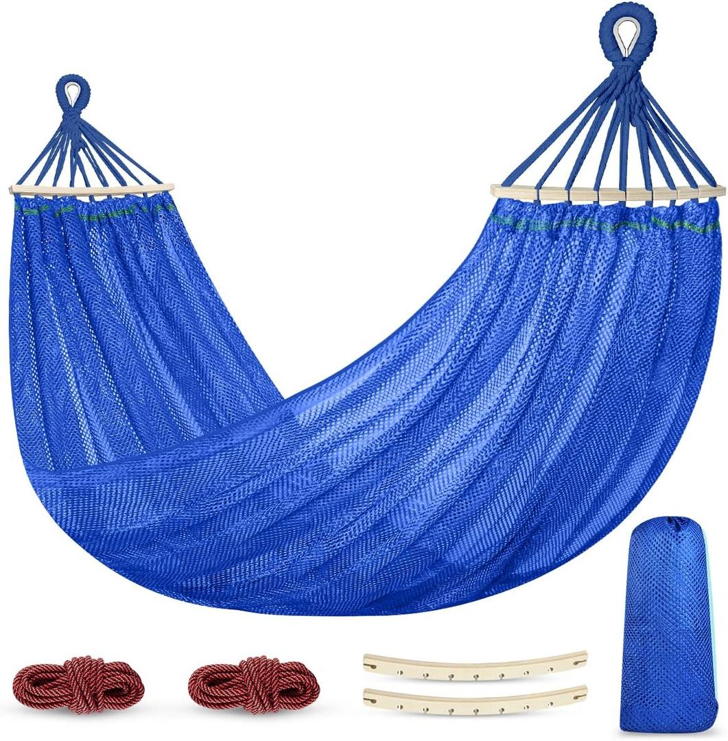 Outdoor Hammock, Super Soft and Breathable Mesh Hammock Made of Cool Nylon with Wooden Bars for Indoor, Balcony, Terrace, Garden, Camping, Backpacking