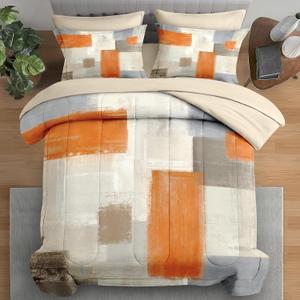 Comforter Set Queen Size, Beige Grey Abstract Painting 7 Pcs Bedding for Kids and Adults, Orange Gray Contemporary Bed Sheet Sets with Fitted Sheet 2 Pillowcase & 2 Sham for Bedroom Bed Decor