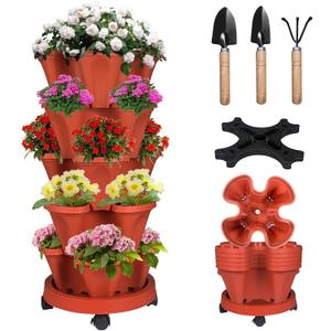 Vertical Strawberry Planter 5 Tier Stackable Tower Herb Planters Stacking Outdoor Garden Planters Pot With Tools Mover For Growing Flowers, Vegetables and Succulents (Brick Red)