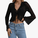 GORGLITTER Women's Tie Front Tops Sheer Mesh Bell Long Sleeve Ruffle Blouse Shirt Crop Top