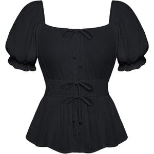 Scarlet Darkness Women Renaissance Shirt Puff Sleeve Square Neck Peasant Pirate Blouse (Medium, Black)