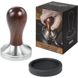 Coffee Tamper Espresso Press with Tamper Mat 304 Stainless Steel Flat Base Wooden Handle for Coffee Grounds Barista Espresso Machines Accessory (53MM)