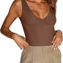 REORIA Butsmooth Womens Trendy Sexy Plunge Deep V Neck Sleeveless V Backless Going Out Tank Bodysuits Tops (Medium, Coffee)