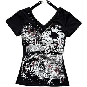 Womens Y2K Skull Gothic Graphic T-Shirt Vintage Slim Fit Grunge Print Tops Crew Neck Streeetwear Crop Top