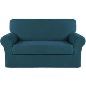 Turquoize Stretch Sofa Slipcover 2 Pieces Sofa Cover Couch Cover for 2 Cushion Couch Washable Furniture Protector Covers with Elastic Bottom Feature Thick Jacquard Fabric (Loveseat, Deep Teal)