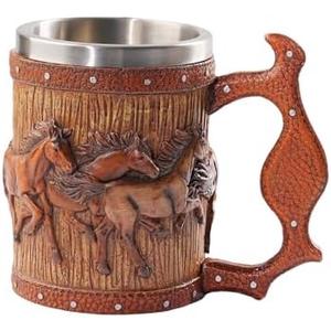Wooden Barrel Beer Mug, 20oz Stainless Steel Horse Mug Coffee Cup Horses Gifts for Women Men Gift for Birthday Christmas, Gothic Decor Party Decoration Drinkware Gift