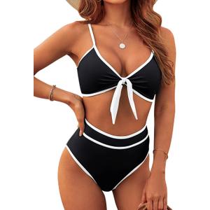 Blooming Jelly Womens High Waisted Bikini Set Tie Knot High Rise Two Piece Swimsuits Bathing Suits (X-Large, New Colorblock Black)