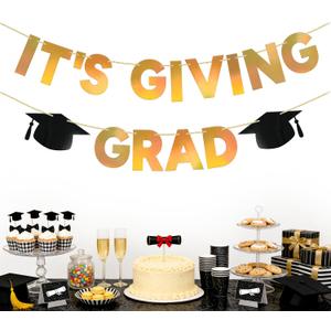 2 x Graduation Decorations Banner, No DIY Shiny Iridescent Gold It's Giving Grad Banner Graduation Cap Congrats Grad for College High School Ceremony Congratulation Graduations Party Decor Photo Backdrop