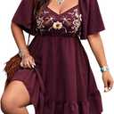 Verdusa Women's Plus Size Western Boho Floral Flowy Dress Cowgirl Outfits Country Summer A Line Dresses S-4XL (Burgundy)