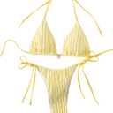 SHENHE Women's 2 Piece Swimsuit Floral Print Halter Tie Side Triangle Bikini Set (Medium, Yellow Stripe Textured)
