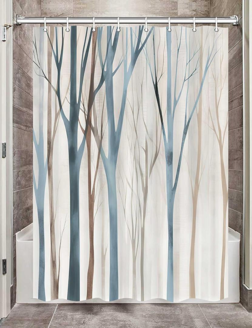 Blue Brown Birch Tree Camper RV Shower Curtain for Travel Trailer Bathroom, Farmhouse Camping Small Narrow Shorter Fabric Shower Curtains Set, Happy Camp Outdoor Decor Accessories with Hooks 47x64
