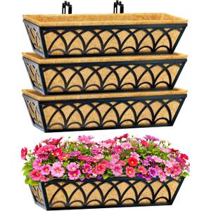 24 Inch Railing Planter Box Window Boxes Planters - 4 Pack Deck Railing Planter Boxes with Adjustable Brackets Coco Liners Balcony Planters Railing Hanging for Window Flower Boxes Outdoor Garden Decor