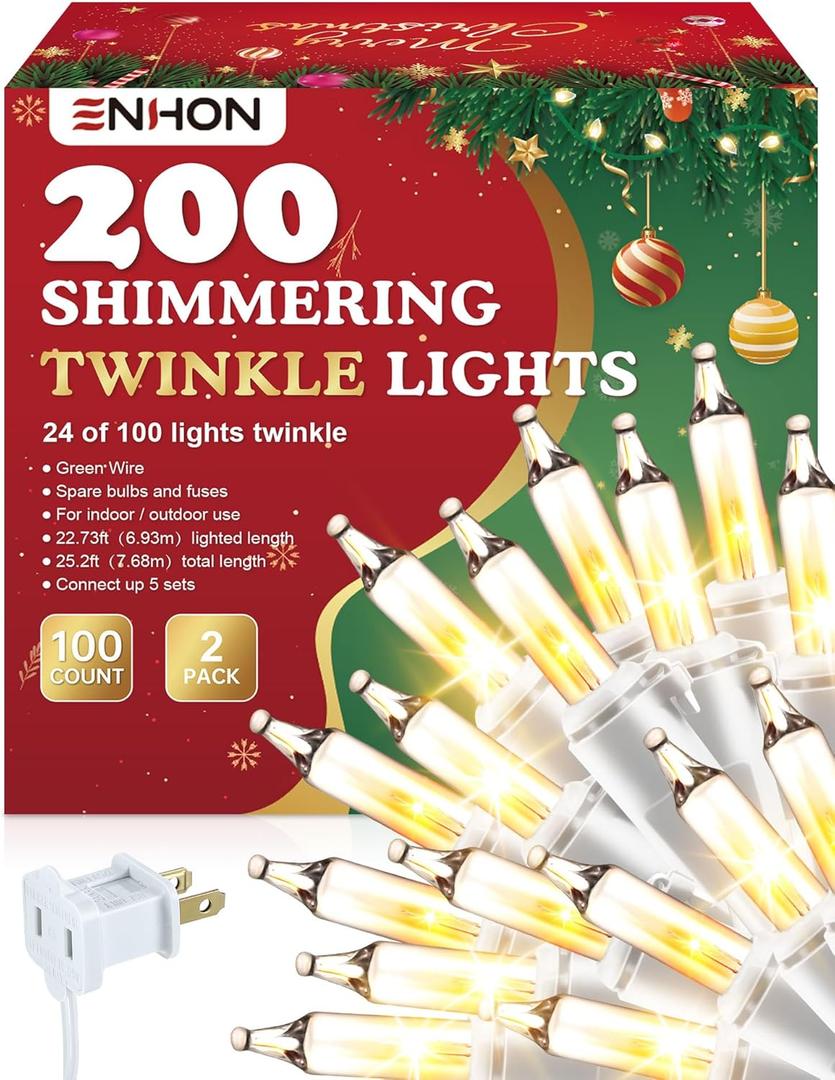 Enhon 2 Pack Twinkle Christmas Lights, Total 50.4FT 48 of 200 Bulbs Twinkle, Waterproof Connectable Random Shimmering Christmas Light, Connect up to 5 Set for Xmas Tree Decor (Warm White,White Wire)